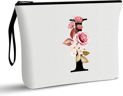 Vavabox A-Z Personalized Makeup Bag, Birthday Gifts for Women Mom, Gifts for Best Friend, Bride Bridesmaid Cosmetic bag (I, White)