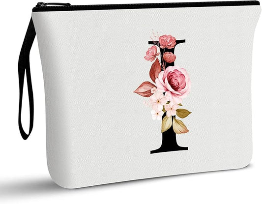 Vavabox A-Z Personalized Makeup Bag, Birthday Gifts for Women Mom, Gifts for Best Friend, Bride Bridesmaid Cosmetic bag (I, White)