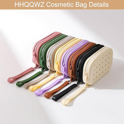 Portable Silicone Makeup Bag for Women, Small Travel Toiletry Cosmetic Bag with Decorative Holes, Zipper Closure Organizer Makeup Case with Handle (Black)