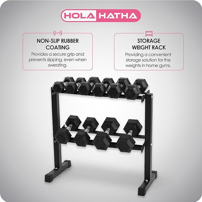 HolaHatha 10, 15, 20, 25, and 35 Pound Rubber Encased Hexagon Non Slip Dumbbell Weight Set with Rack for Various Strength Training Workouts, Black