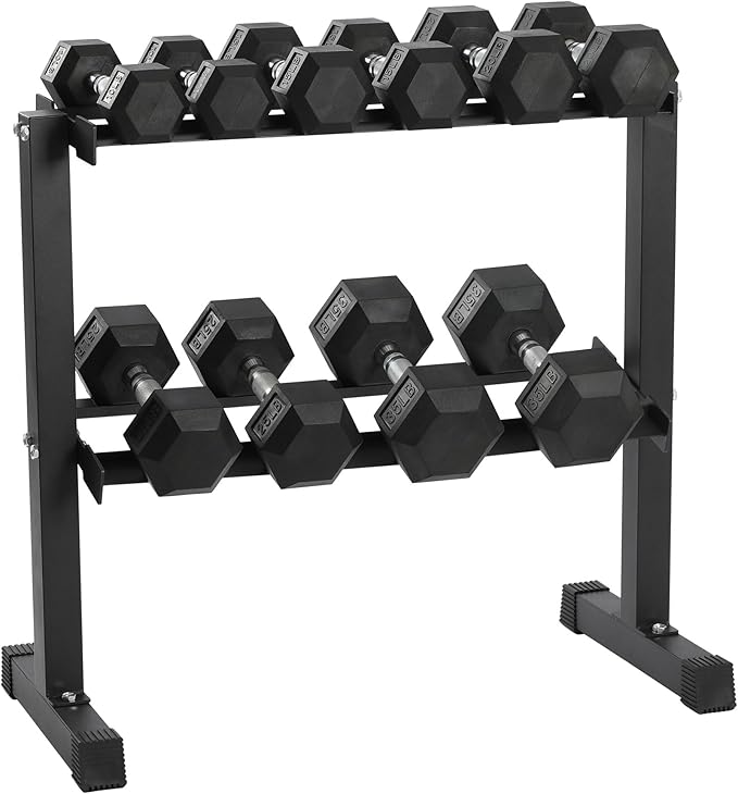HolaHatha 10, 15, 20, 25, and 35 Pound Rubber Encased Hexagon Non Slip Dumbbell Weight Set with Rack for Various Strength Training Workouts, Black