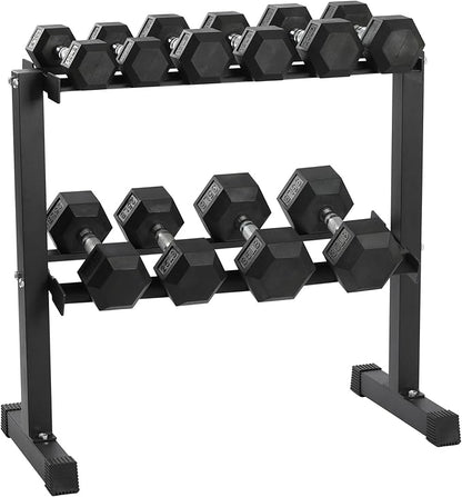 HolaHatha 10, 15, 20, 25, and 35 Pound Rubber Encased Hexagon Non Slip Dumbbell Weight Set with Rack for Various Strength Training Workouts, Black