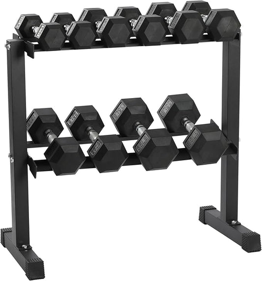 HolaHatha 10, 15, 20, 25, and 35 Pound Rubber Encased Hexagon Non Slip Dumbbell Weight Set with Rack for Various Strength Training Workouts, Black