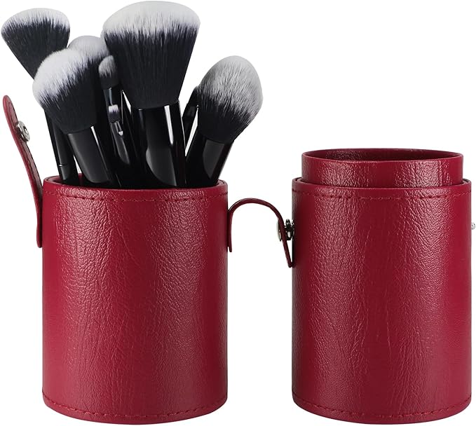 Portable Makeup Brush Case,Pu Leather Makeup Brush Holder with Button,Travel Cup Storage Dustproof Makeup Cosmetic Bags for Women (Red)