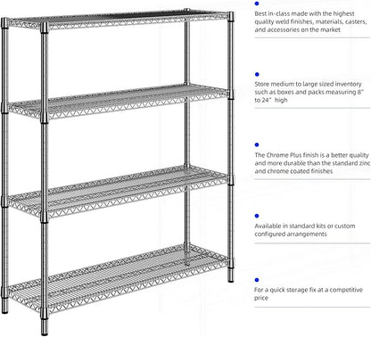 4 Tier Storage Rack Metal Wire Shelving Unit, Storage Standing Shelf Organizer for Laundry Bathroom Kitchen Pantry Closet Garage Basement Utility Room, Chrome 17.7" D x 59.1" W x 70.4" H