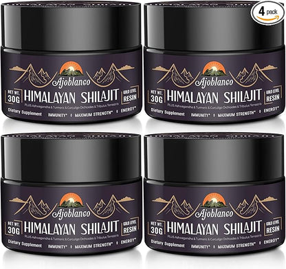 Ajoblanco 600mg Shilajit Pure Himalayan Organic Shilajit Resin - Himalayan Shilajit Resin with Organic Ayurvedic Blend in High Potency for Energy, Strength & Immunity, Pack of 4