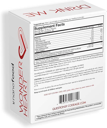Codeage Wonder Heart Liquid CoQ10 Liposomal Ubiquinone Supplement, Coenzyme Q10 Heart Vitamins, Non-GMO Sunflower Phosphatidylcholine Vegan Blend, Raspberry Flavored Softgel, Pack of 30 Pouches