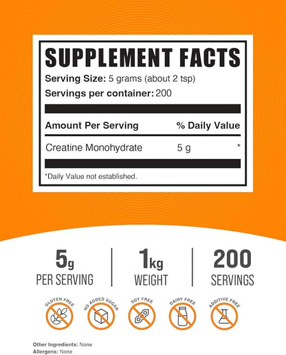 BulkSupplements Creatine Monohydrate Powder - Micronized Creatine Powder, Unflavored - Pure & Gluten Free, 5g  per Servings, 1kg