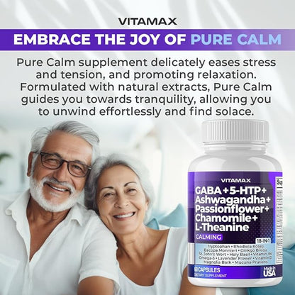 GABA 500mg 5 HTP 150mg Ginkgo Biloba L Tryptophan 500mg L Theanine 200mg Ashwagandha 2000mg - Calming Vitamins for Men and Women with - Made in USA (60 Count (Pack of 1))