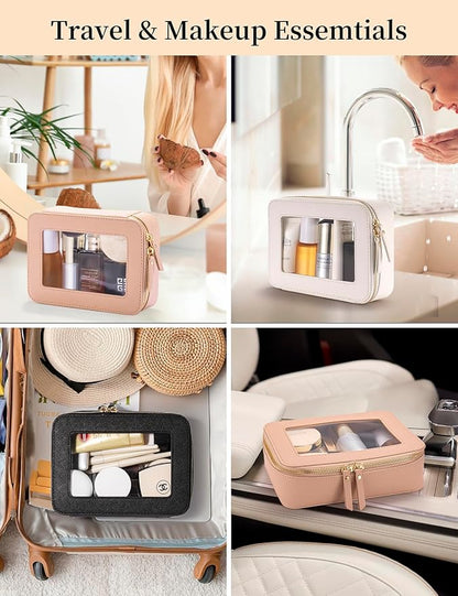 Keains Clear Makeup Bag for Women，Cosmetic Organizer Case Transparent Waterproof Travel Toiletry Bag with Zipper，Portable Make Up Organizer Traveling Compact Car Bag for Essentials（Off White）