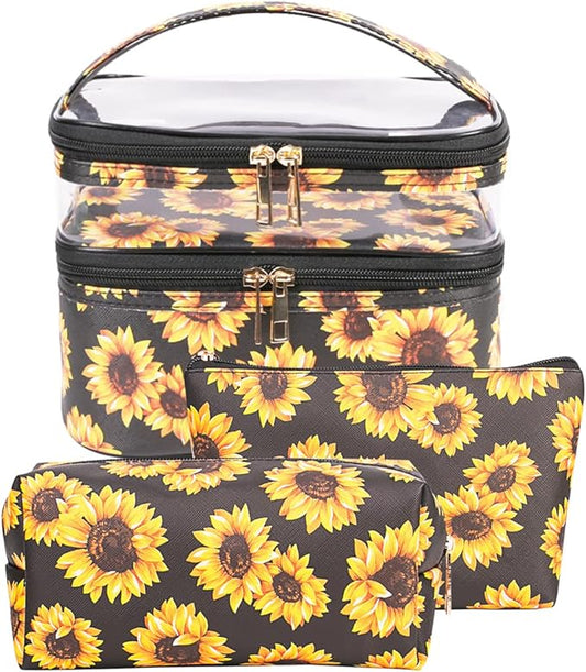 FITINI 3 Pieces Sunflower Makeup Bags Double Layer Travel Large Cosmetic Cases Organizer Toiletry Bags Waterproof Small Zipper Pouch for Women Makeup Brush Storage Bag