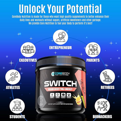 CoreBody Switch Energy Drink Mix -Nootropics Brain Support Supplement for Memory & Focus, Sugar Free Energy Booster with Nootropics, Alpha GPC, All Day Energy and Focus* (Tropical Punch)