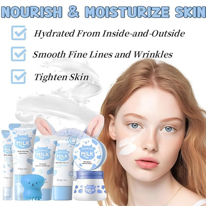 Skin Care Kit Milk Girls Gifts - Teen Skin Care Set - Skin Care Routine Kit for Women - with Hand Wax,Sunscreen,Face & Eye Cream,Exfoliating Scrub,Cleanser - Mother's Day Gifts (8PCS, Milk)