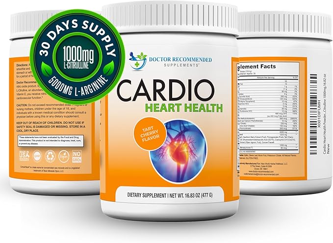 DOCTOR RECOMMENDED SUPPLEMENTS Cardio Heart Health Powder – L-Arginine Supplement 5000mg & L-Citrulline 1000mg, Tart Cherry Flavor (Pack of 2-16.82 oz / 33.64 oz)
