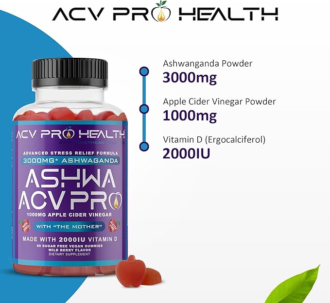 Ashwa ACV Pro Health - Sugar Free Apple Cider Vinegar Gummies, Ashwagandha Gummies, Advanced Keto ACV Gummies, Ashwagandha Supplements with Vitamin D, Stress Relief Supplement,1g Carbs Per Gummy Golo