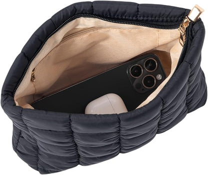 Puffy Makeup Bag Quilted Pouch Puffer Make Up Bag for Purse Cosmetic Bag for Women (Black)