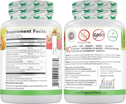 Organic Veda Superfood Greens Fruits & Vegetables 300 Capsules | 30 Daily Organic Fruits & Veggies with Chlorophyll, Papaya Enzymes, Acerola Vitamin C, Turmeric, Beet, Moringa, Green Tea Extract