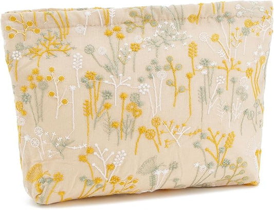 WOZEAH Floral Makeup Bag for Purse Small Cosmetic Pouch,Stylish Zipper Make up Pouch Travel Canvas Toiletry Bags(Plant Embroidery)