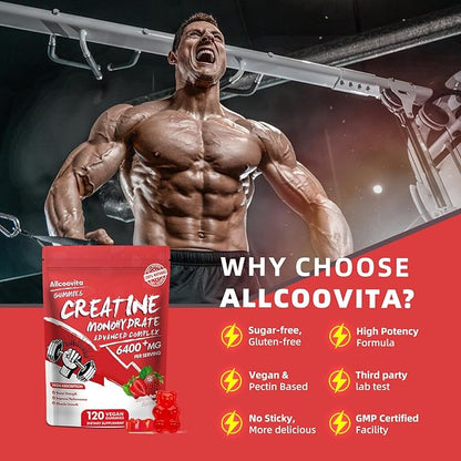 Creatine Monohydrate Gummies Complex 6400mg for Men & Women - 120 Gummies Advanced Formula, L-Taurine + Vitamin B12 for Muscle Strength, Muscle Builder, Energy Boost, Pre-Workout Supplement-Strawberry