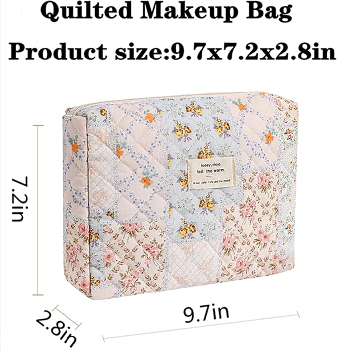 Quilted Makeup Bag,Floral Makeup Bag,Cotton Makeup Bag Set for Women,Travel Makeup Bag,Large Toiletry Cosmetic Bag Makeup Bag Organizer for Women Girls (M2-1PC)