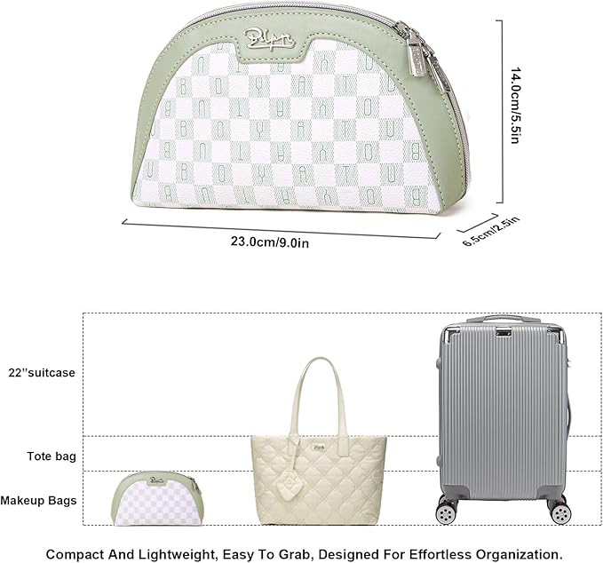 Small Makeup Bag for Purse Cosmetic Bag: Checkered Make up Bag for Women - Cute Preppy Skincare Bags for Evening - Waterproof Travel Pouch for Toiletry Organizer with Mirror & Zipper(022-Green)