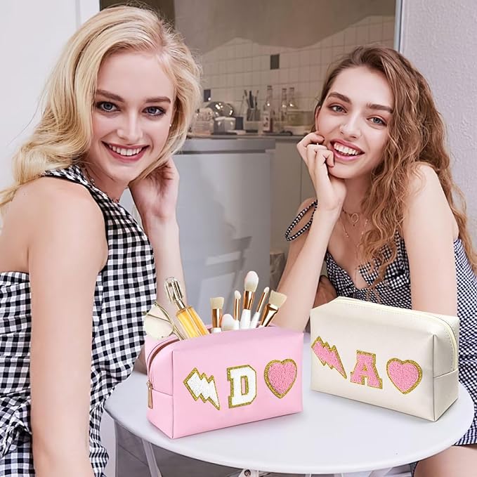 TOPEAST Preppy Makeup Bag Initial Chenille Letter Bag Cosmetic Bag Portable Travel Toiletry Bag, Personalized Birthday Gift for Women Girls, Preppy Travel Stuff for Girls, White K