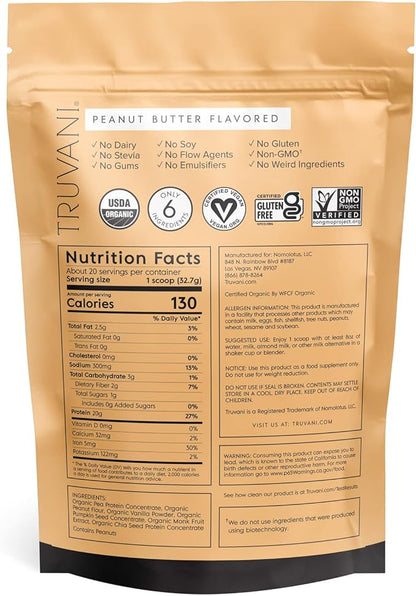 Truvani Vegan Pea Protein Powder | Peanut Butter | 20g Organic Plant Based Protein | 20 Servings | Keto | Gluten & Dairy Free | Low Carb | No Added Sugar