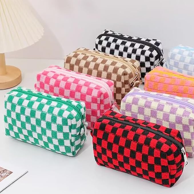 SxoSyo 2 Pcs Cosmetic Bags for Women Makeup Bag Purse Travel Toiletry Zipper Storage Pouch Make up Brushes Organizer for Gifts (Checkered, Orange 2)