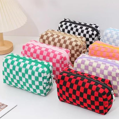 SxoSyo 2 Pcs Cosmetic Bags for Women Makeup Bag Purse Travel Toiletry Zipper Storage Pouch Make up Brushes Organizer for Gifts (Checkered, Orange 2)