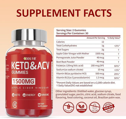 Keto ACV Gummies - 1500mg Apple Cider Vnegar Gummies - with Pomegranate Beetroot & Vitamin B12 B6 - GMO Free & Made in USA - 60 Count