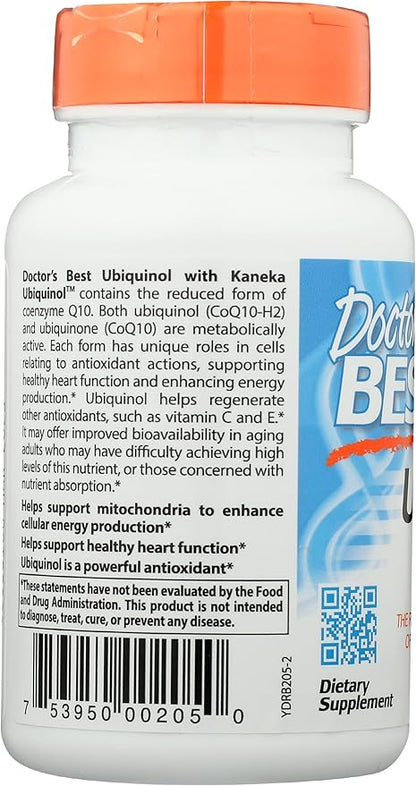 Doctor's Best Ubiquinol with Kaneka QH, Healthy Heart, Enhances Cellular Energy, Antioxidant, Non-GMO, Gluten Free, Soy Free, 100 Mg