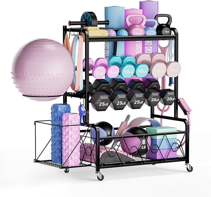 Home Gym Organizer All-in-One Yoga Dumbbell Rack Kettlebell Sets Holder, for Workout Exercise Equipment, Yoga Mat, Fitness Accessories, Home Gym Equipment Storage with Wheels
