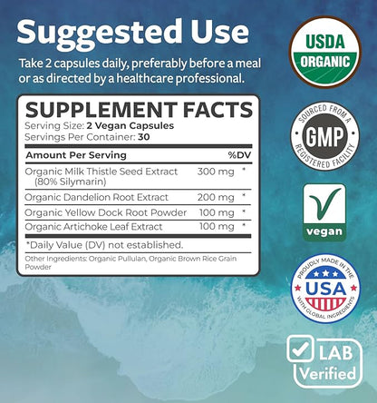 Organic Liver Cleanse Detox & Repair (Vegan, Non-GMO) Milk Thistle Extract (80% Silymarin), Dandelion Root, Artichoke Leaf, Yellow Dock - Liver Health Support Supplement - 60 Capsules (No Pills)