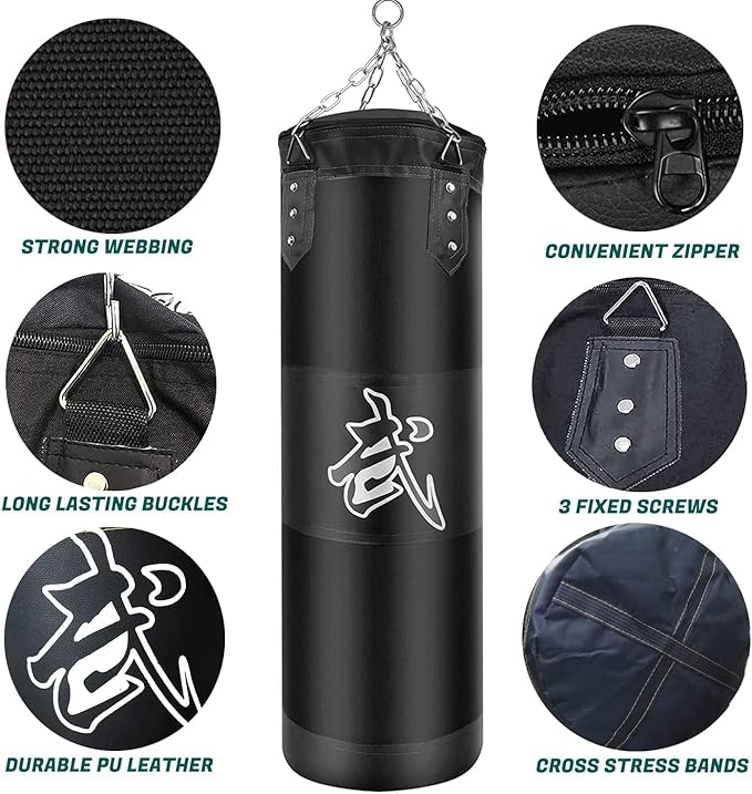 Hanging Punching Bag Set Unfilled, Heavy Boxing Bags Kickboxing Bag for Adults Kids, Youth Boxing Set with Hand Wraps, Punching Bag Hangers, for MMA Muay Thai Karate Taekwondo Training