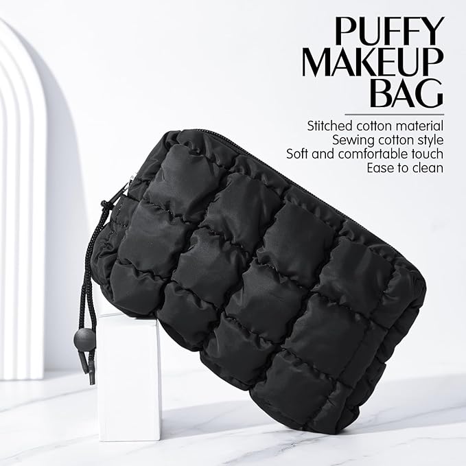 Hillban Puffy Quilted Makeup Bag Quilted Cosmetic Bag Cute Puffer Toiletry Checkered Pouch Aesthetic Travel Makeup Brushes Organizer(Black,Checkered)