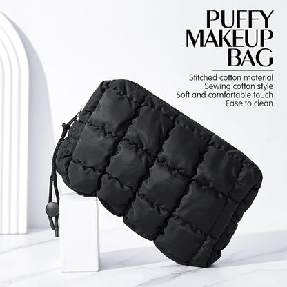 Hillban Puffy Quilted Makeup Bag Quilted Cosmetic Bag Cute Puffer Toiletry Checkered Pouch Aesthetic Travel Makeup Brushes Organizer(Black,Checkered)