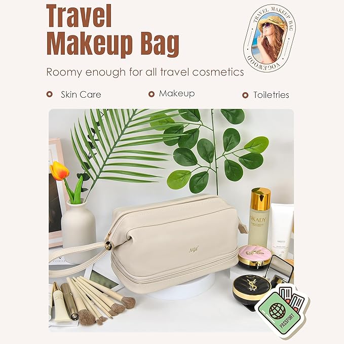 NGIL Faux Leather Cosmetic Bag for Women, Makeup Bag Organizer, Makeup Brush Storage, Portable Travel Bag for Toiletries (Solid, Beige, Medium)