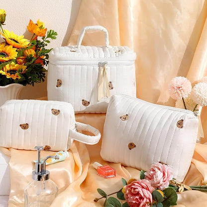 Paterr 3 Pieces Cotton Quilted Makeup Bag Set Coquette Cosmetic Bag Aesthetic Travel Toiletry pouch Cute Pouch Kawaii Aesthetic for Women(White,Little Bear)