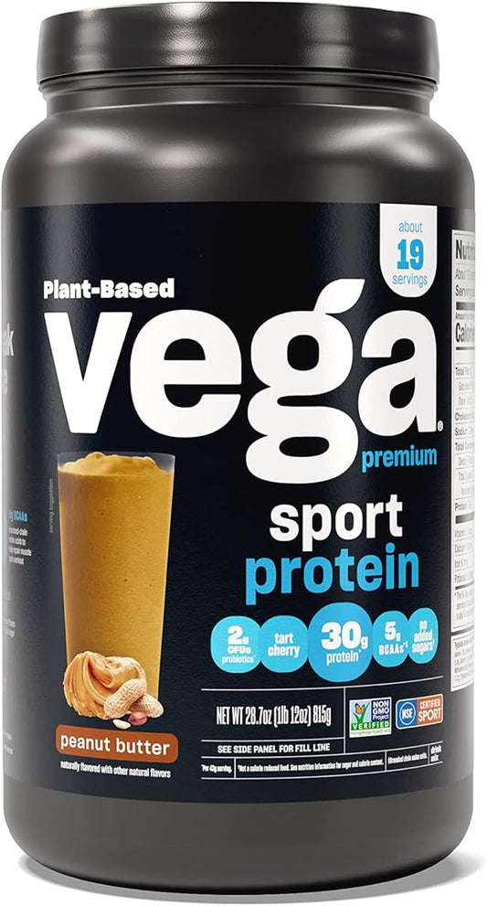 Vega Premium Sport Protein Peanut Butter Protein Powder, Vegan, Non GMO, Gluten Free Plant Based Protein Powder Drink Mix, NSF Certified for Sport, 28.7 oz