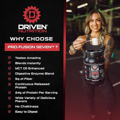 Driven Pro Fusion 7 Meal Replacement Powder - Men & Women, 3 lbs - 24g Protein Per Serving, Digestive Enzymes & MCT Oil - Gluten-Free - On-The-Go Energy & Supports Muscle Mass - Cafe Au Lait