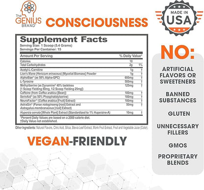 Genius Consciousness, Super Nootropic Brain Supplement Powder, Mango - Boost Focus, Cognitive Function, Concentration & Memory Booster - Alpha GPC & Lions Mane Mushroom for Neuro Energy & IQ