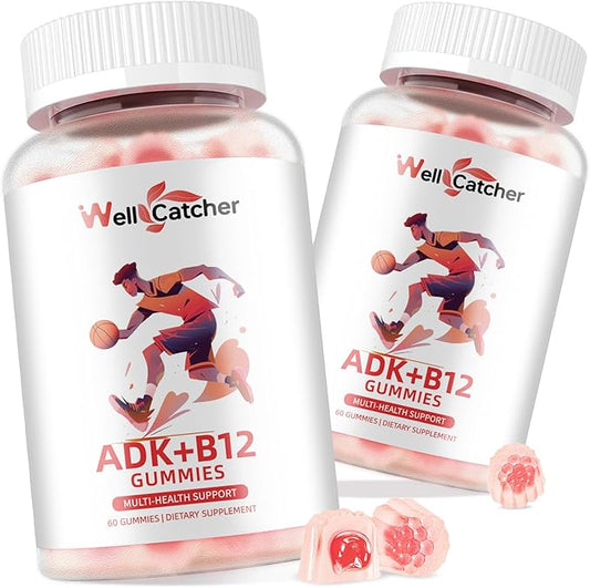 Vitamin ADK+B12 Gummies Sugar Free with Vitamin D3 K2 B12 K2 (MK-7) Chewable Vegan Multivitamin Supplement for Men Women Bone Brain Immune Skin Eye Heart 60 Counts Raspberry Flavored 2 Packs