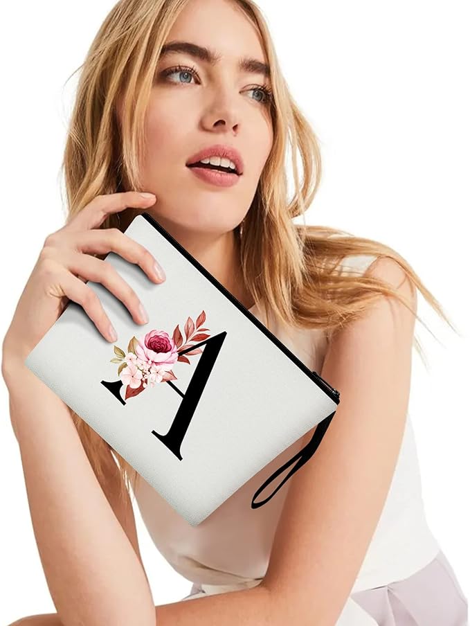 Vavabox A-Z Personalized Makeup Bag, Birthday Gifts for Women Mom, Gifts for Best Friend, Bride Bridesmaid Cosmetic bag (A, White)