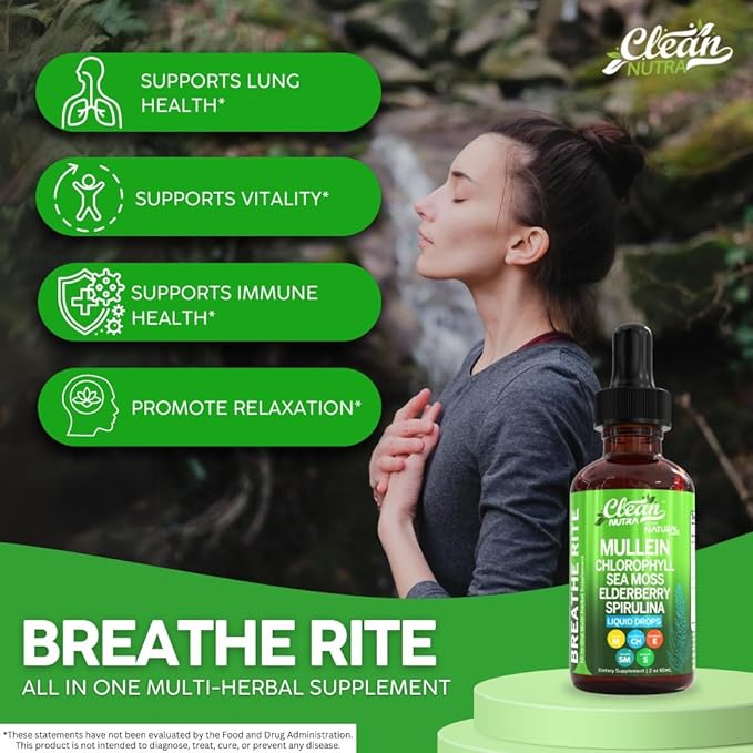 Organic Mullein Liquid Drops With Chlorophyll for Lung Detox Plus Irish Sea Moss, Spirulina, Licorice, Tart Cherry, Lobelia, Motherwort, And Elderberry For Men Women Health Supplement Vitamin