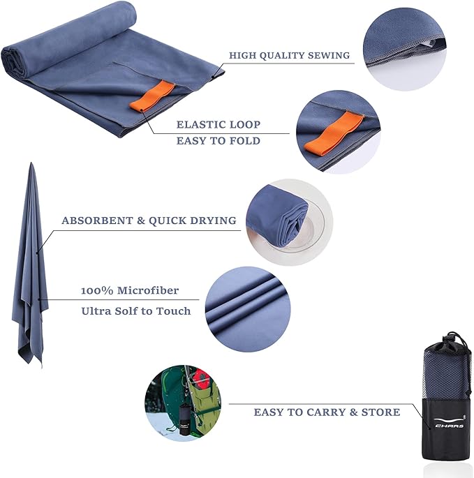 CHARS Camping Towels Microfiber Sand Free Beach Towel (30" x 63") with