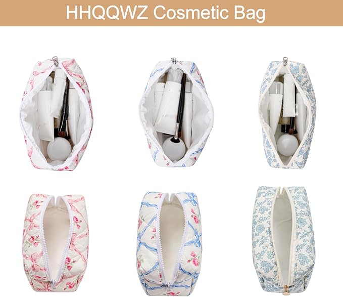 Quilted Cotton Makeup Bag Travel Cosmetic Bag for Women Girls, Zipper Make Up Pouch, Bow Pattern Toiletry Organizer Makeup, Portable Storage Bag (2 Pack: Blue Bowknot)
