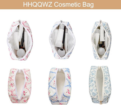 Quilted Cotton Makeup Bag Travel Cosmetic Bag for Women Girls, Zipper Make Up Pouch, Bow Pattern Toiletry Organizer Makeup, Portable Storage Bag (2 Pack: Blue Bowknot)