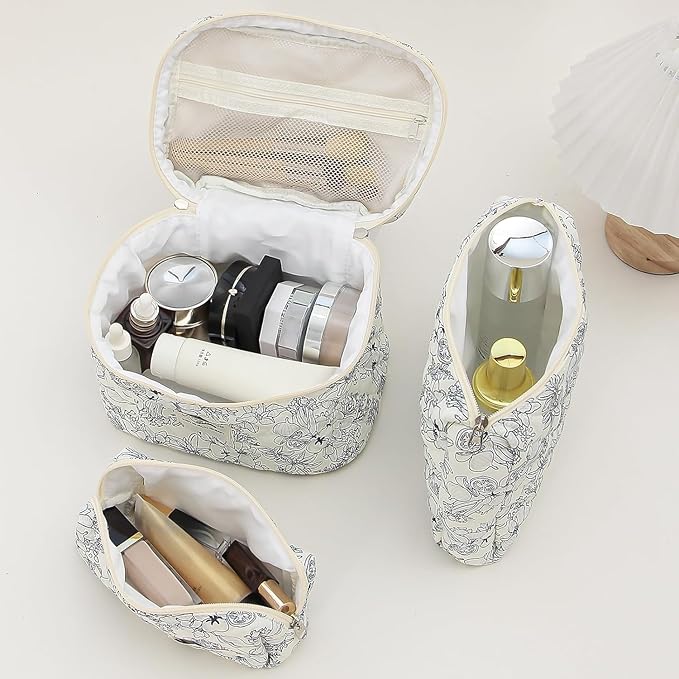 Quilted Makeup Bag Set 3 Pcs Cotton Cute Makeup Bags For Women Large Aesthetic Floral Cosmetic Bag Coquette Flower Makeup Pouch