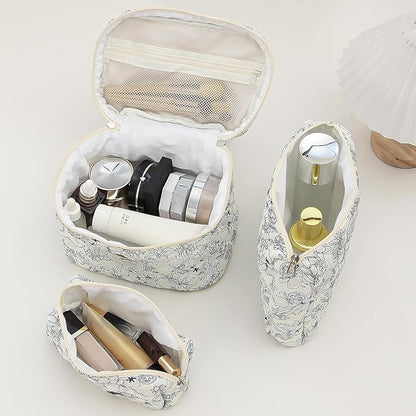 Quilted Makeup Bag Set 3 Pcs Cotton Cute Makeup Bags For Women Large Aesthetic Floral Cosmetic Bag Coquette Flower Makeup Pouch