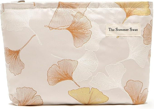 The Summer Swan | Large Aesthetic Makeup Bag | Floral Makeup Bag | Mid-day Clutch | Period Kit Bag | Hygiene Bag | Skincare Bag | Cute Makeup Bag (Ginko), CosmeticBag10575